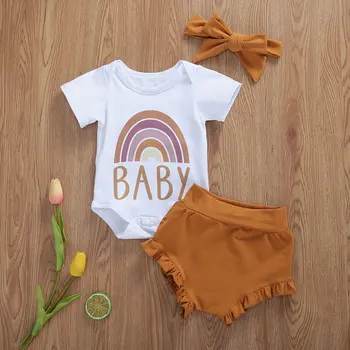 0-18M Nyfødte Spædbarn Baby Piger Drenge Tøj Sæt 3stk Rainbow Print Korte Ærmer Sparkedragt+Shorts Hovedbøjle 1