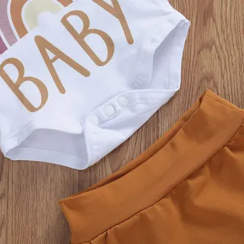 0-18M Nyfødte Spædbarn Baby Piger Drenge Tøj Sæt 3stk Rainbow Print Korte Ærmer Sparkedragt+Shorts Hovedbøjle 4