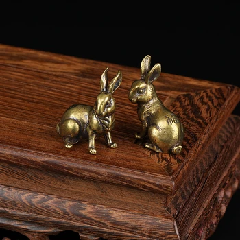 1 Par Antik Kobber Zodiac Lucky Rabbit Statue Ornamenter Vintage Solid Messing Dyr Miniature Figur Te Pet-Reception Dekoration 3
