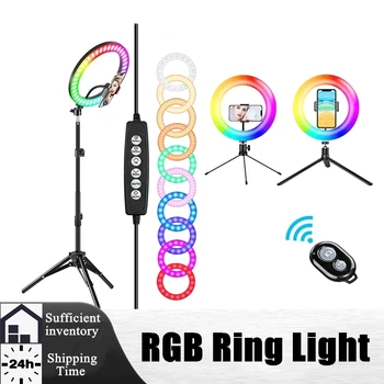 10 tommer RGB-Ring Lys Med Stativ Phone Clip Selfie Farverige Fotografering Belysning til Studie Vlogging YouTube Kort Video Live 5