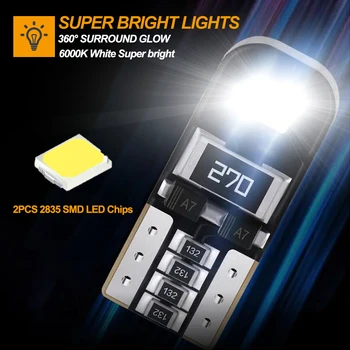 10x T10 LED W5W Lampe Bil Side Indvendigt lys 12V Super Lys Pære 2825 SMD 194 168 Auto Hvid 6000K Parkering Markør Dome Lamper 5