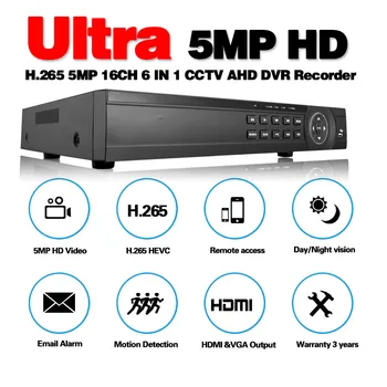 16 Kanal 5MP AHD DVR NVR Hybrid 6 i 1 Video Optager til 5MP 4MP 1080P TVI CVI CVBS AHD IP CCTV Sikkerhed Kamera med 4TB HDD 28430