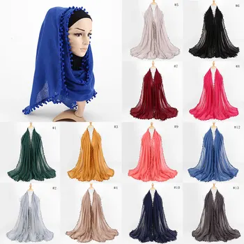 180*80 cm Nye Kvinder Bomulds Tørklæde Pom Bolde sjaler hijab Dekoration muslimske wrap hovedbøjle 13 farve tørklæder/tørklæde Plus Størrelse