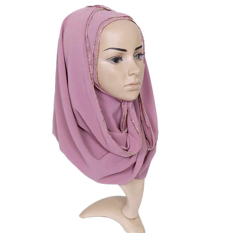 1 Stk Almindeligt Guld Perler Kæde Boble Chiffon Instant Hijab Eller Tørklæde Damer Wrap Sjaler Muslimske Hovedbøjle Mode Maxi Islamiske Sjaal 0