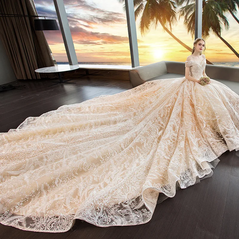 2021 Nye Elegante Båd Hals Luksus Lace Broderi Sweep Train Wedding Dress Prinsesse Ædle Vestido De Noiva Plus Size F 0