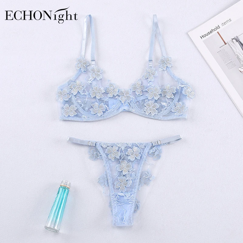 Echonight Applique Kvinders Undertøj Gennemsigtigt Undertøj Sæt Bøjle Bh-Sæt Erotisk Lingeri Lace Undertøj Til Kvinder 0