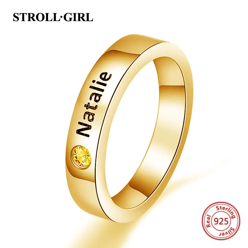 Strollgirl 925 Sterling Sølv Indgraveret Mors Stabelbare Navn Ring med Birthstone Personlig Sterling Sølv Smykker 0