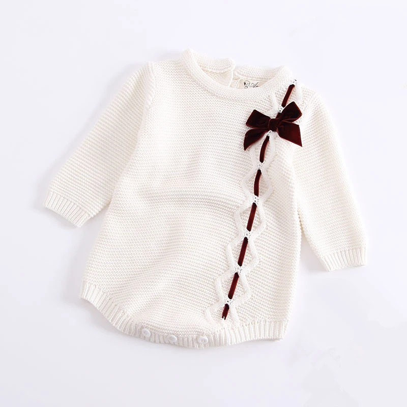 Baby piger strikket sparkedragt med lange ærmer sløjfeknude søde baby-solid hvid pink farve baby jumpsuit boutique spædbarn kostume 0