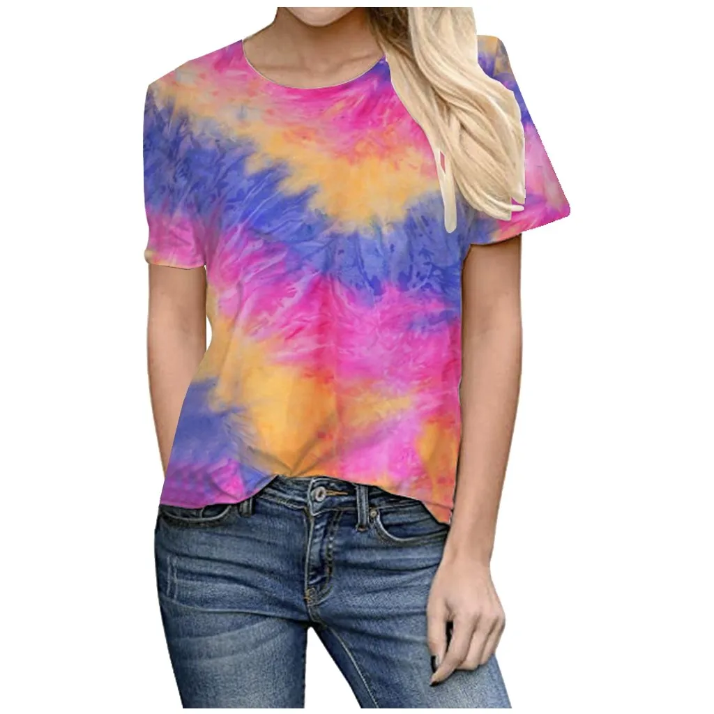 Sommeren Sexede Kvinder Tie Dye Print kortærmet T-Shirt med O-hals Gradient Farve t-Shirt Femme Streetwear S-5XL ropa mujer#20 0