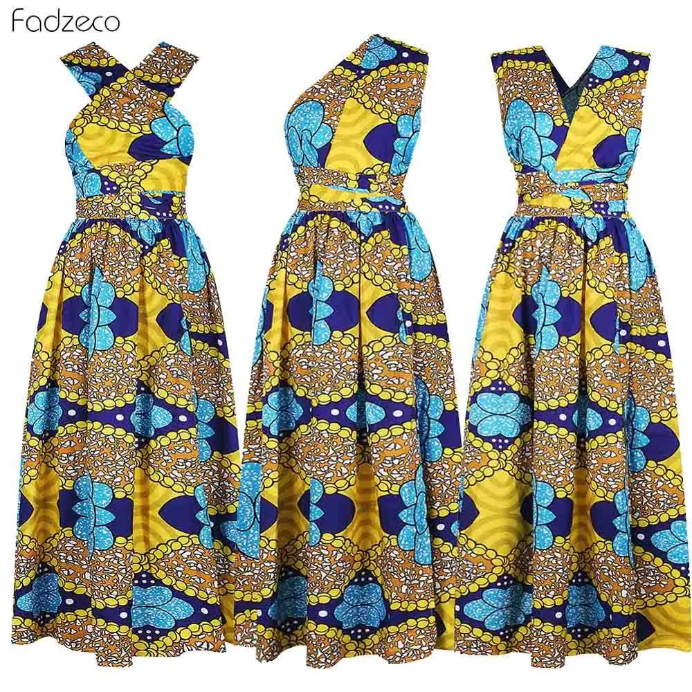 Fadzeco Nye Afrikanske Kjoler Til Kvinder Ankara Dashiki Udstyr African Flower Print Buksedragt Hem Maxi Kjole Foran Spalten Ærmeløs 0