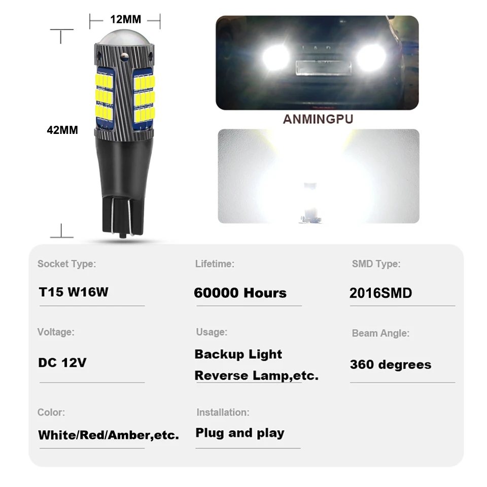 ANMINGPU 1x Signal Lampe T15 Led W16W Canbus 42SMD 2016 Chips Super Lyse Led W16W 921 912 Backup Lys Bil Vende Lys 12V 0