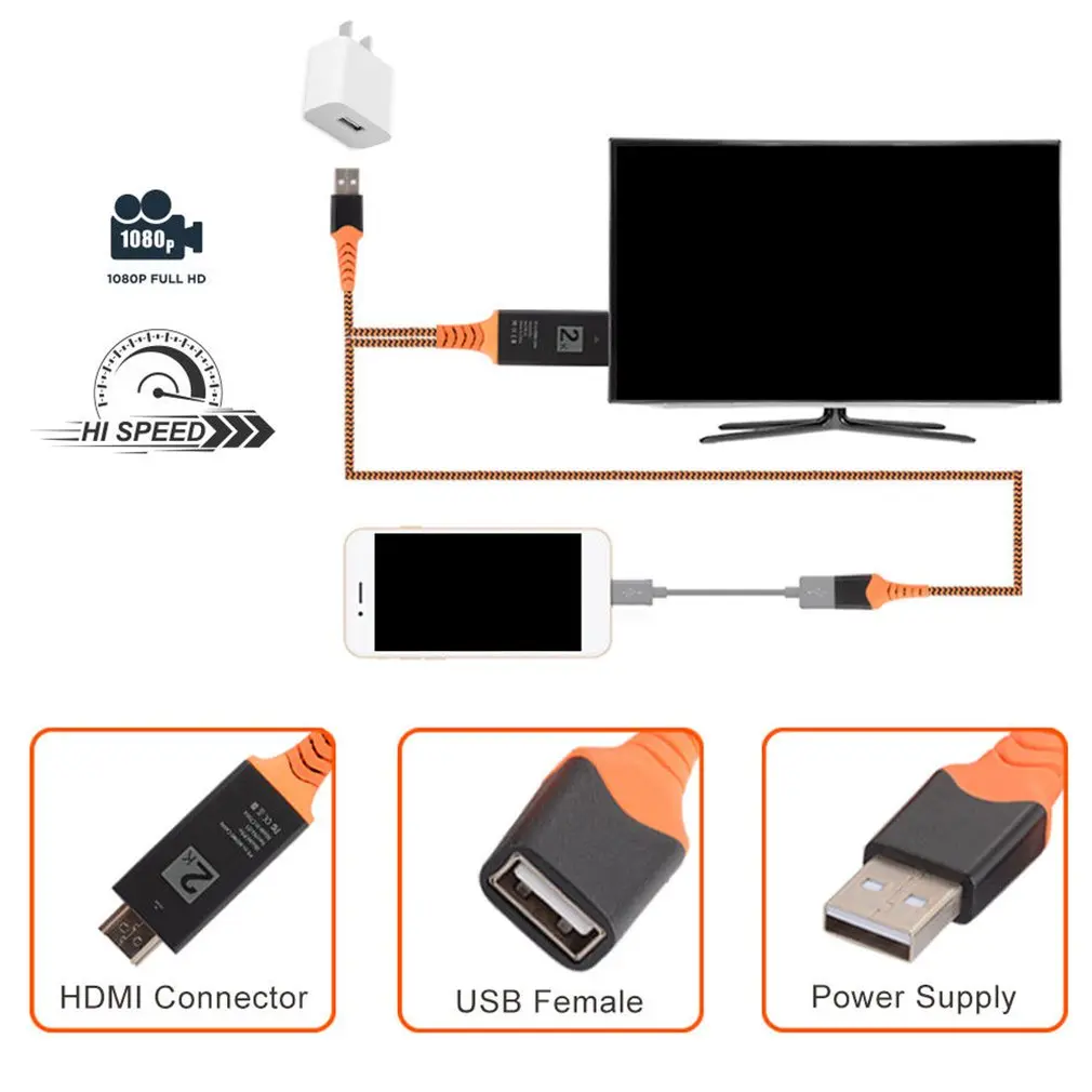 Bærbare Størrelse Nylon Wire Flettet USB-Kvinde til at HDMl Mandlige HDTV Adapter Kabel Støtte for Type-C Lightning Kabel 0