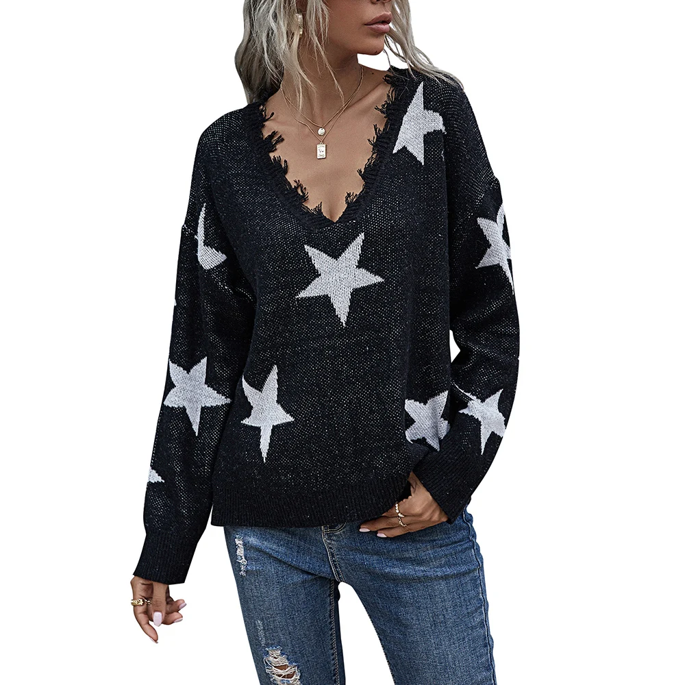 2021 Nye Womens Sweater Med V-Hals Lange Ærmer Pullover Mænds Foråret Casual Pullover Kvindelige Stjerne Udskrivning Strikket Toppe 0