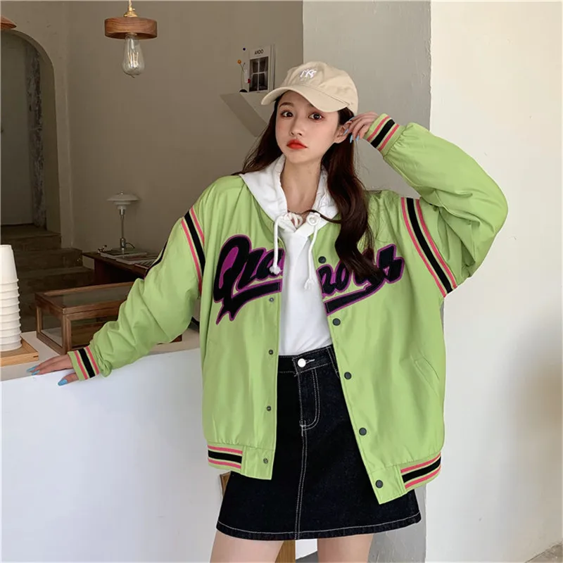 Kvinders baseball uniform jakke koreanske kpop smarte vintage broderet brev jakke kvinder o-hals lynlås løs sport jakke 0