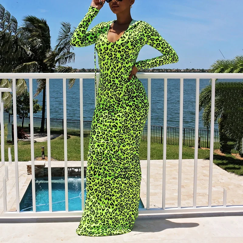 OMSJ 2020 Trendy Dame Grøn Leopard Print Lang Kjole Foråret Efteråret Lange Ærmer U Hals Slim Vestidos Med Hat Party Club Tøj 0