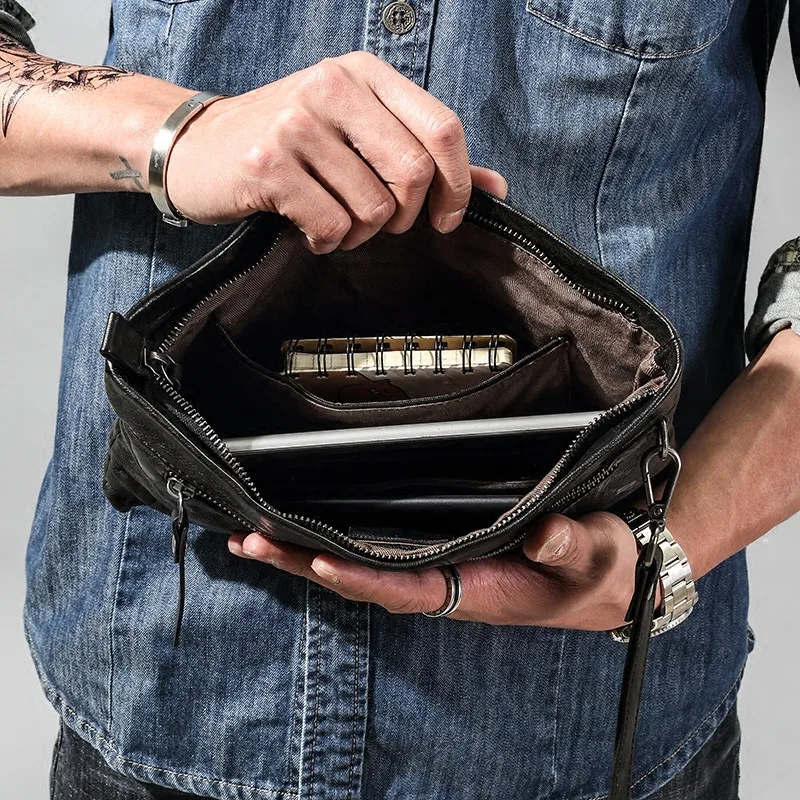 PNDME mode ægte læder syning mænds kobling taske retro design naturlige ægte koskind stor kapacitet teens kuvert taske 0