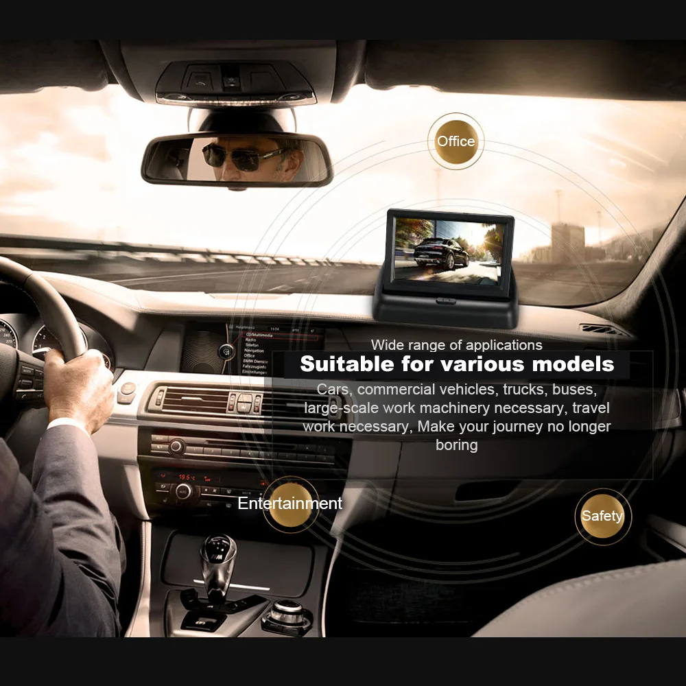 4.3 Tommer Sammenklappelig Bil Overvåge HD LCD-Skærm 16:9 Skærm Forsiden Omvendt bakkamera Skærm Auto Parkering System 480*272 0