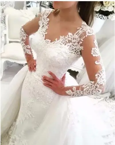 Vestido de noiva Blonder Havfrue Brudekjole Nederdel med Aftagelige Backless Lange Ærmer Saudi-Arabien Brudepige Kjoler Dubai 0