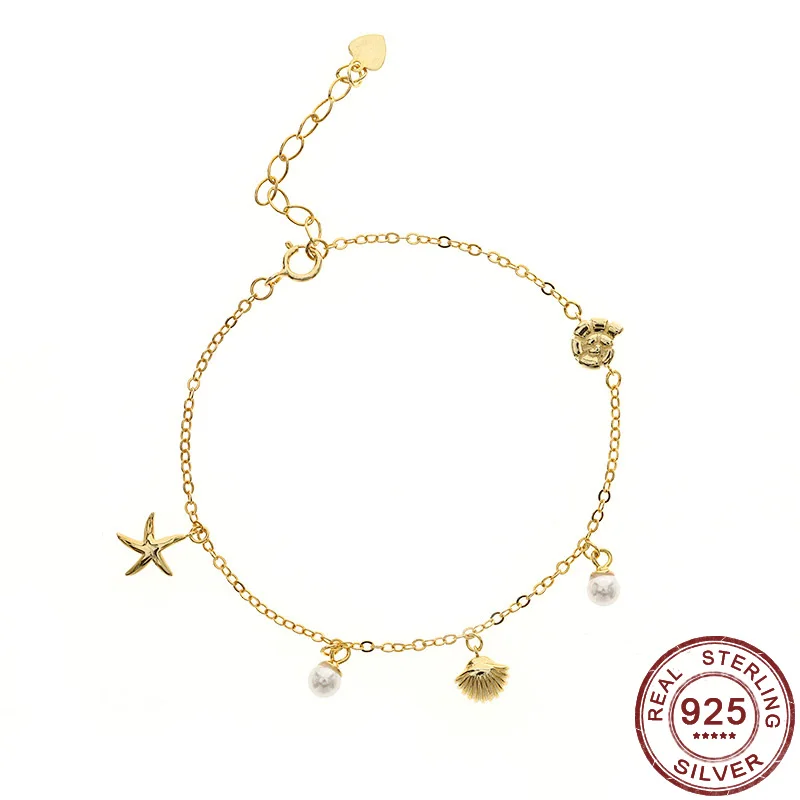 925 Sterling Sølv Shell Søstjerner Pearl Conch Ocean Element Charme Armbånd Hånd Smykker til Kvinder Guld Farve Tilbehør 0