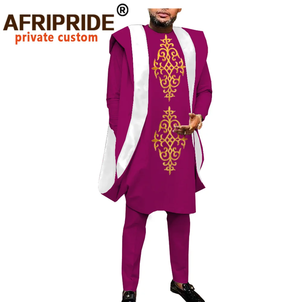 Afrikanske Tøj til Mænd Dashiki Broderi Agbada Robe Plus Size Dashiki Udstyr, Jakker, Skjorter og Bukser, 3 delt Sæt A2016044 0
