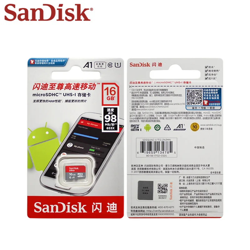 SanDisk Memory Card 16GB 32GB SDHC Antal læsehastighed 98M/s 64GB Class 10 Ultra Micro SD-Kort A1 Microsd UHS-I TF Kort 0