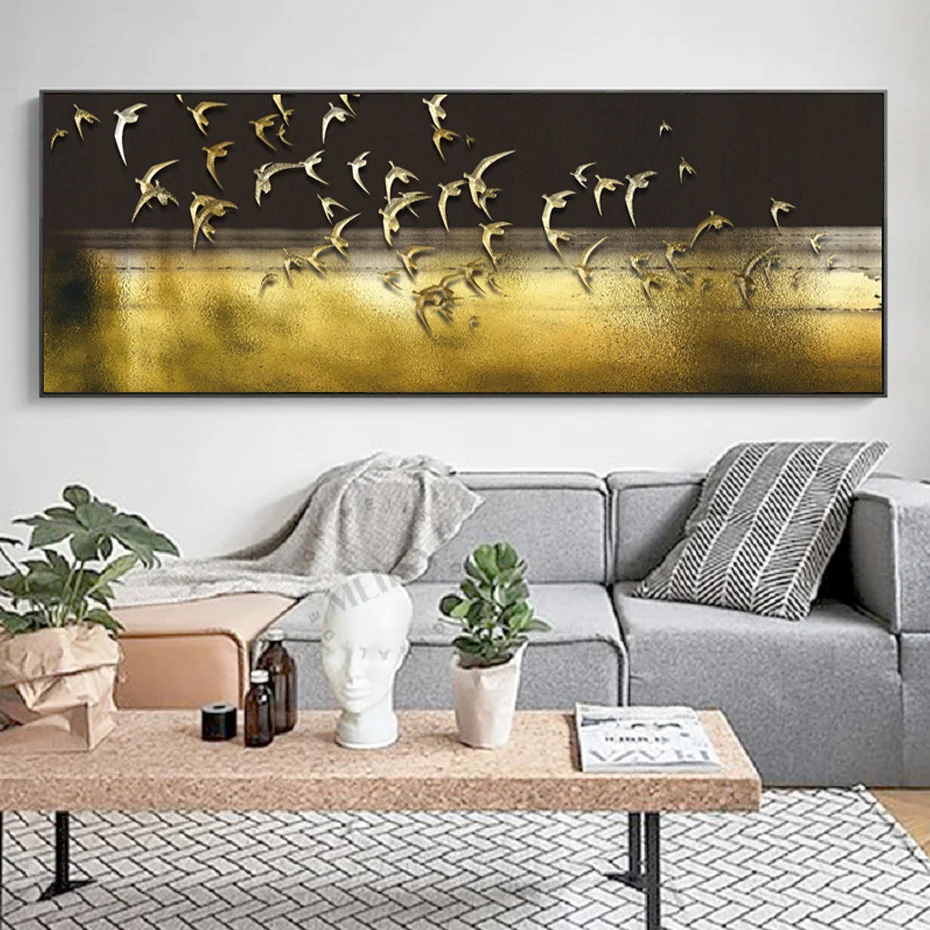 Nordisk Sengen Lange, Gyldne Fugle Print på Lærred Plakater Abstrakte Luksus Væg Kunst, Lærred Malerier til stuen i Hjemmet Indretning 0