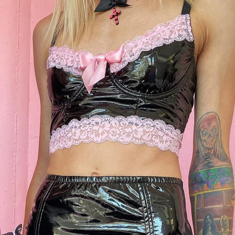 ArtSu Gotiske Sexet Strop Patchwork Pink Blonder PU læder Cami Toppen Kvinders Bustier Bralet Club Party Cropped Top Vest VE52448 0