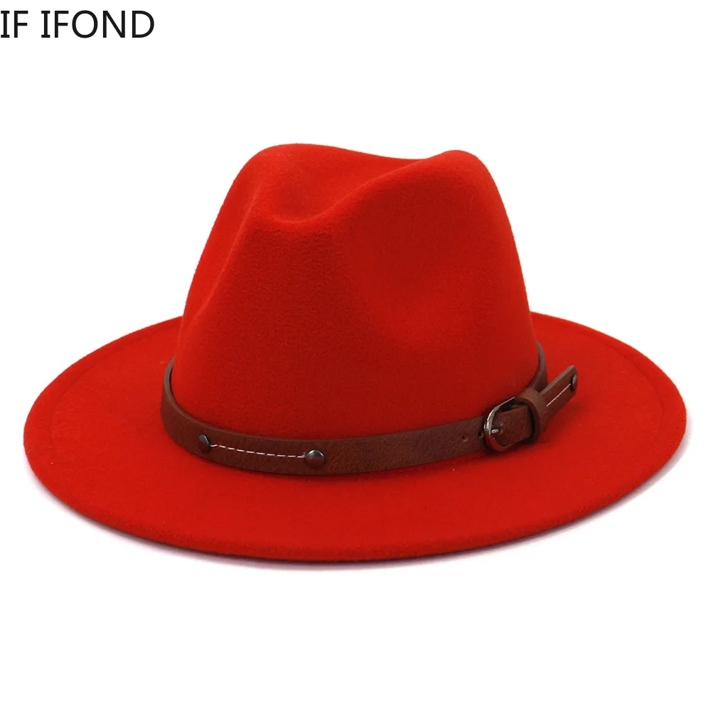 Lady Britisk Mode Wide Brim Enkel Top Fedoras Hat Unisex Jazz hat Med Bælte Vintage Trilby Filt Hat 0