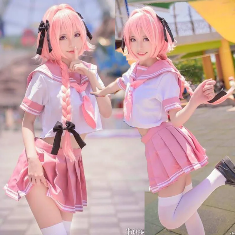 Anime Skæbne/Apokryfe Skrifter Astolfo Cosplay Kostumer Japanske Studerende Piger Skole Uniformer Parykker Buer Halloween Matroskrave Komplet Sæt 0