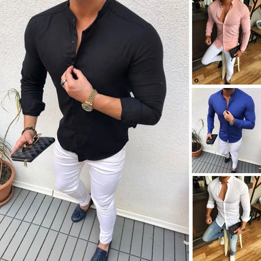 2019 Hot Mænds Slim V-Hals Lange Ærmer Muskel Solid Skjorte Afslappet Shirts Toppe Bluse Mænd Passer Knapper Shirt Drop Shipping 0