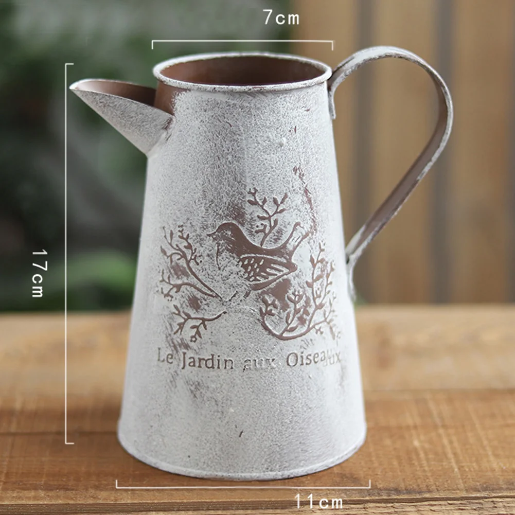 Shabby Fugl Print Øko-Venligt Let At Opbevare Vintage Desktop Gamle Hjem Indretning Vanding Pot Form Håndværk Galvaniseret Jern Vase 0