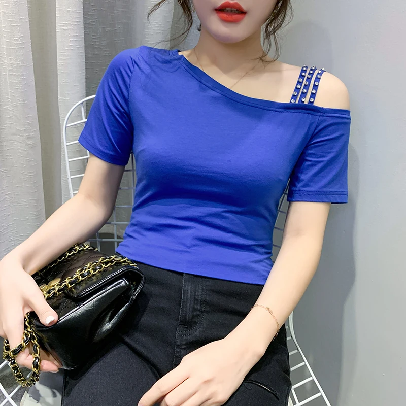 Sommer Fashion koreansk Tøj, T-shirt-Sexet Uregelmæssighed Hule Ud Diamanter Kvinder Toppe Ropa Mujer Kort Ærme t-Shirts 2020 T03502 0