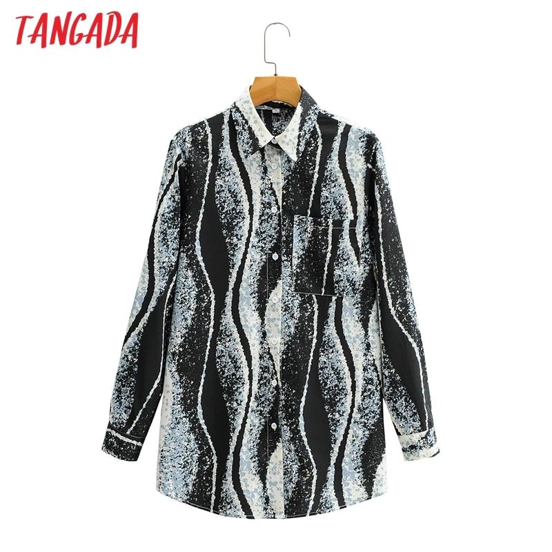 Tangada Kvinder Vintage Blæk Udskrives Casual Skjorte med Lange Ærmer Foråret Smarte Overdele Løs Skjorte 1F38 0
