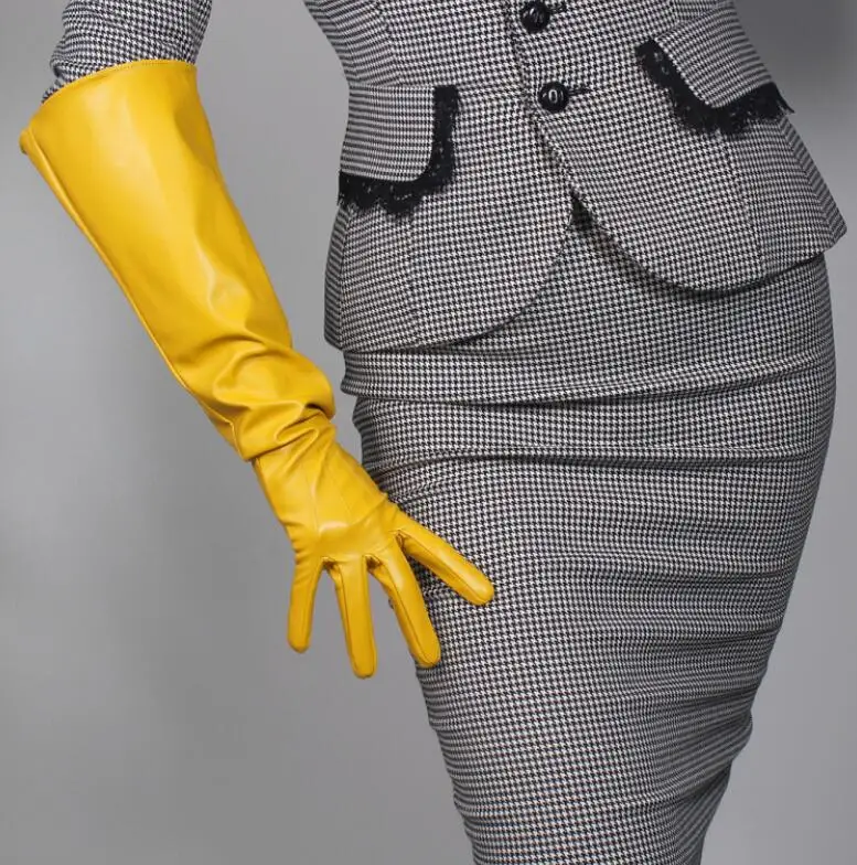 Kvinders mode gul farve sexet slank imiteret pu læder handske lady ' s club ydeevne formel part læder lang handske 60cm R2087 0