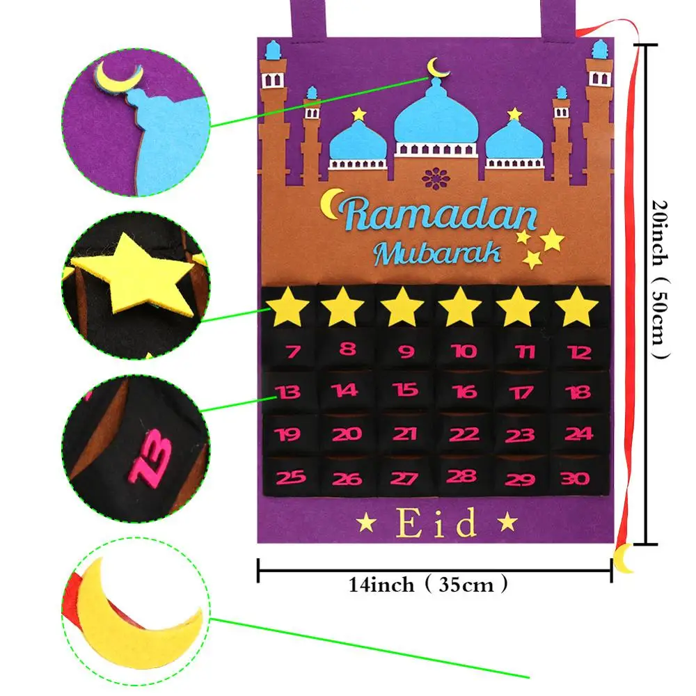 OurWarm EID Mubarak Udsmykning DIY Følte Kalender Gold Star Mærkat Hjem Væggen Hænger Muslimske Balram Ramadan Kareem Festival Party 0