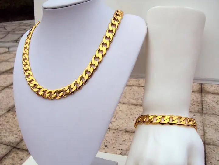24k Stemplet Solid Guld Finish Iced Hip Hop Kæde Armbånd Herre Miami Cubanske Halskæde 12mm bredt Sæt 0