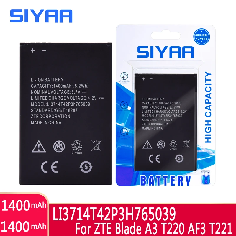 SIYAA Telefonens Batteri LI3714T42P3H765039 For ZTE Blade A3 T220 AF3 T221 A5 AF5 Udskiftning Originale Batteri med Høj Kapacitet 1400mAh 0