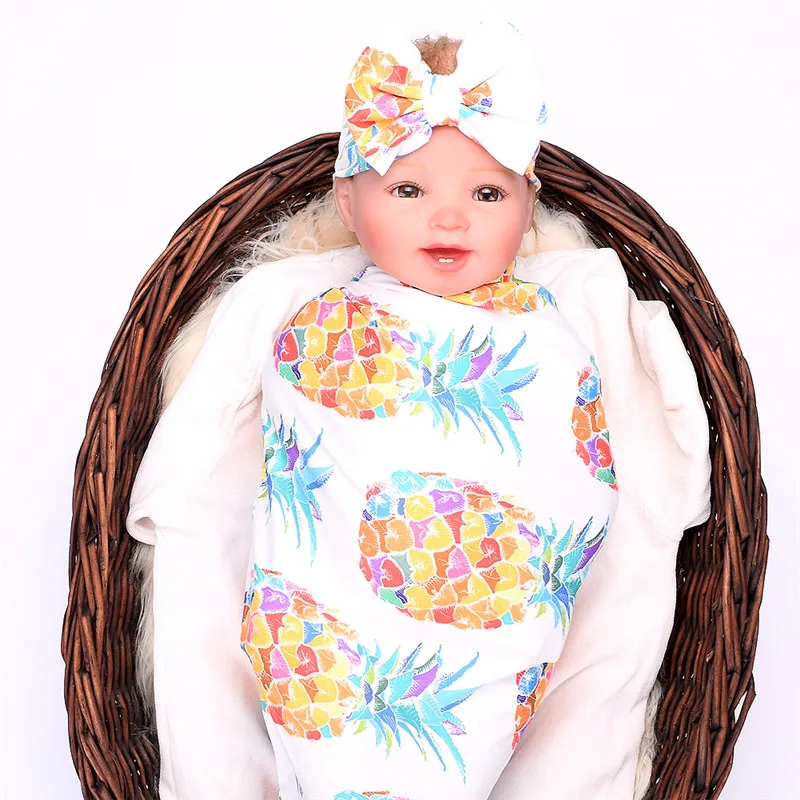 Spædbarn Søde Nyfødte Baby Pige dreng Print Indpakket Swaddle Tæppe Sløjfeknude Hovedbøjle Tøj Sæt 0