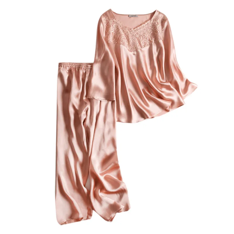SuyaDream Kvinder Silke Pyjamas Fast Ægte Silke Behagelige Blonder Sleepset Sæt 2020 V hals Pink To-delt Nattøj 0