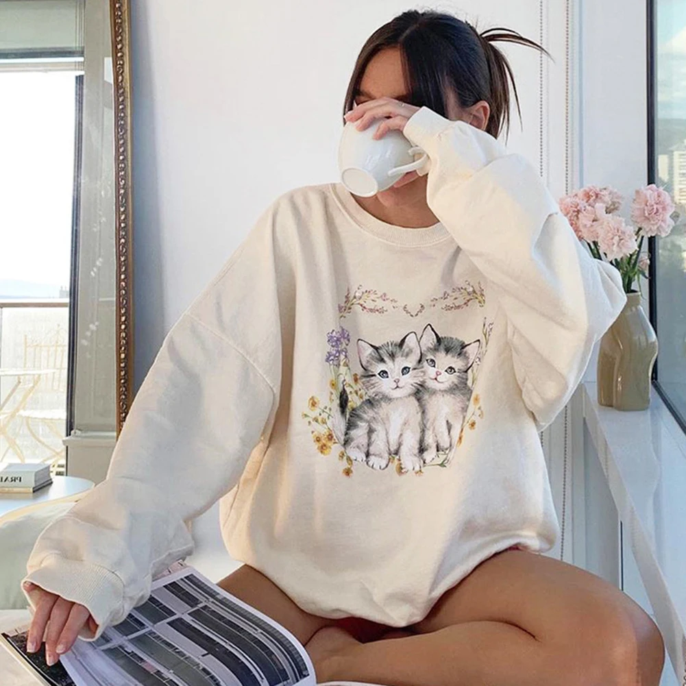 Afslappet Oversize Damer Sweatshirt Koreansk Mode Tøj Hjem Kat Tegnefilm Mønster Sød Langærmet Pullover Efteråret 0
