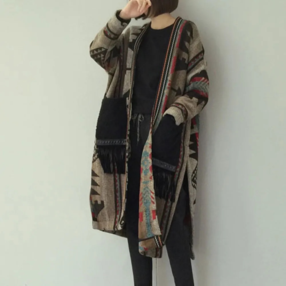 Vinteren Warmness Lang Uld Frakke Kvinder Koreanske Elegante Damer Boho Kvast Blander Strikket Sweater Cardigan Overfrakke Efteråret Outwear 0