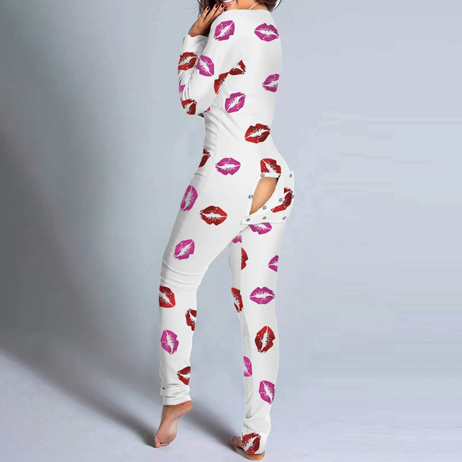 Sexet Kvinder Pijamas Onesies Knap-ned Foran V-hals Pyjamas Voksne Buksedragt Funktionelle Knappet Klap Pyjama Femme Nattøj 0