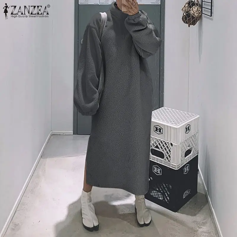Elegante Bløde Hoodies Kjole Kvinders Split Sweatshirt Robe ZANZEA 2021 Lang Sleece Maxi Vestidos Kvindelige Rullekrave Pullovere 5XL 0
