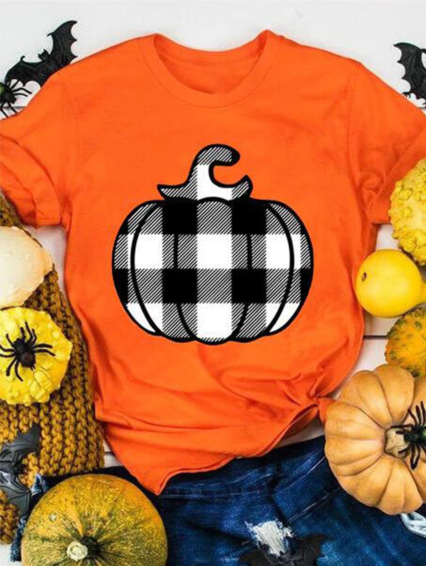 Plaid Græskar Print T-shirt til Kvinder Halloween Toppe Tee 2020 Kvinder kortærmet Orange Toppe Casual Kvinde Halloween Tøj 0