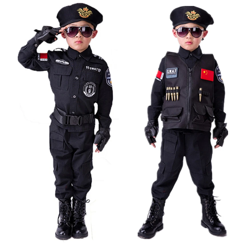Politifolk Kostumer Drenge Særlige Politi Uniform Children ' s Day Gave Hær Lange Ærmer Frakke+Bukser+Bælte+Handsker+Hat Cosplay Tøj 0