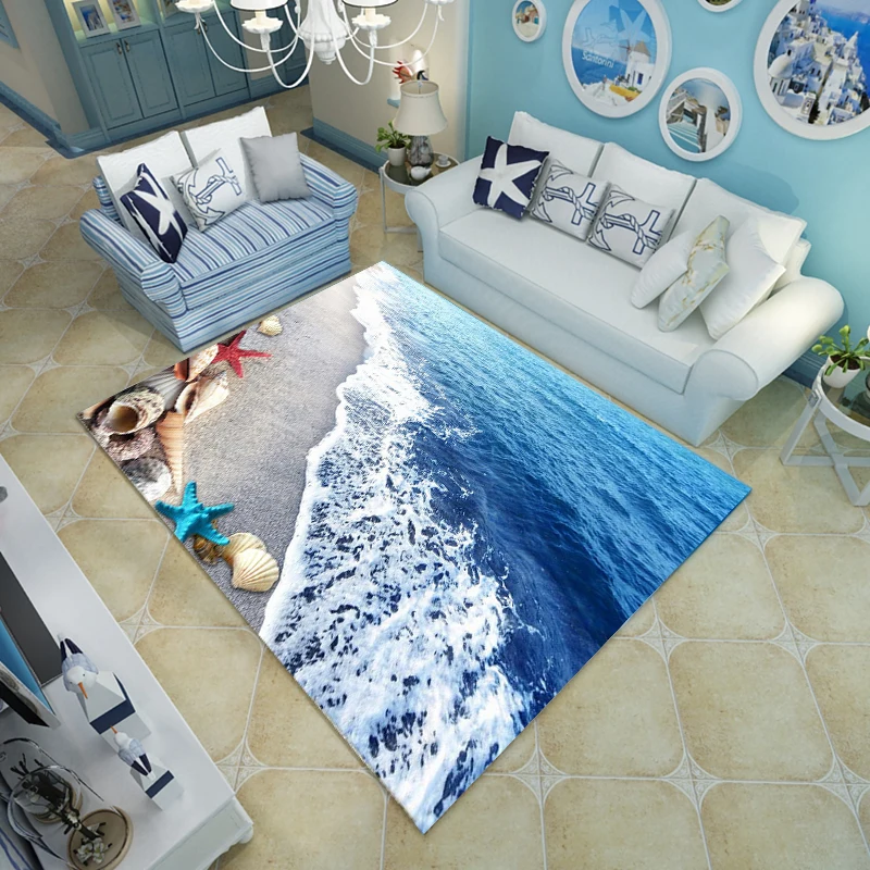 Blue Sea Beach middelhavsstil 3D Tæppe Stue sofabord Sovesofa Soveværelse gulvmåtte Brugerdefinerede Vaskbar Strand Skaller 0