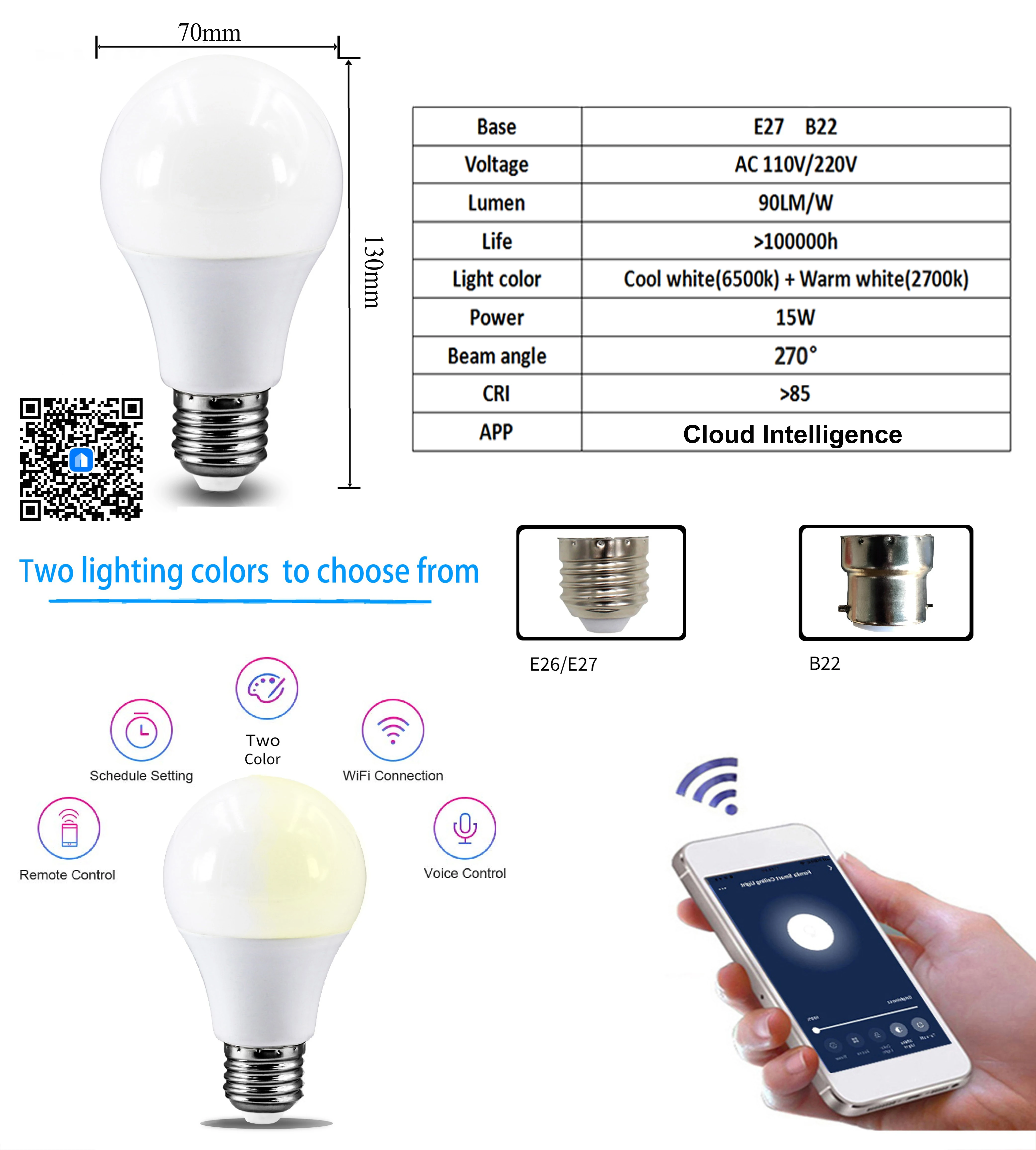 Dæmpbar 15W B22 E27 WiFi Smart Pære LED-Lampe App Fungere Alexa Google Assistent Kontrol Vækning Smart Lampe Nat Lys 0