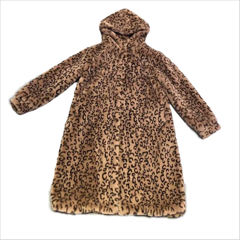 Vinter nye pels kvinder leopard hooded lang over knæet pels mink imiteret pels løs jakke dame Fritid leopard print coat 0