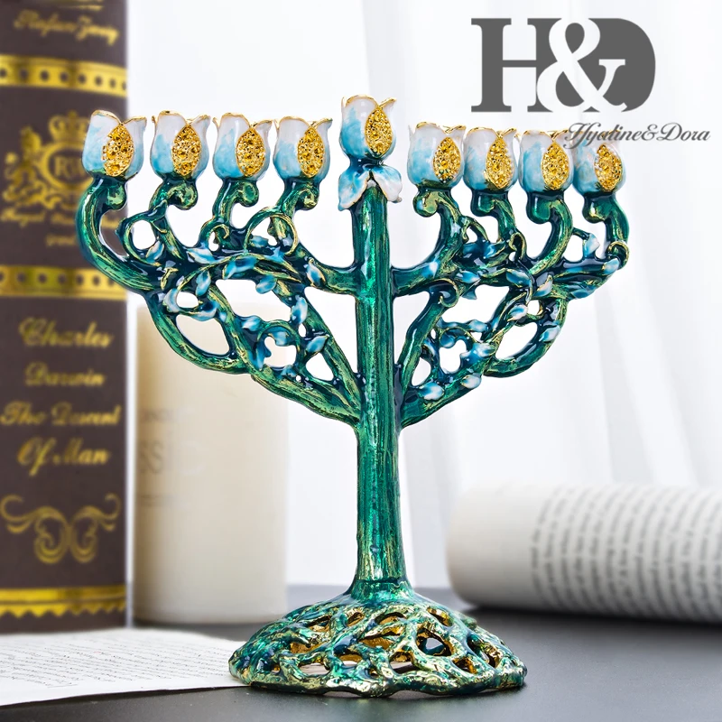 H&D 5 stilarter, Hanukkah Hånd Malet Emalje Menorah Kandelabre Chanukah Templet Lysestager 9 Filial davidsstjerne lysestage 0