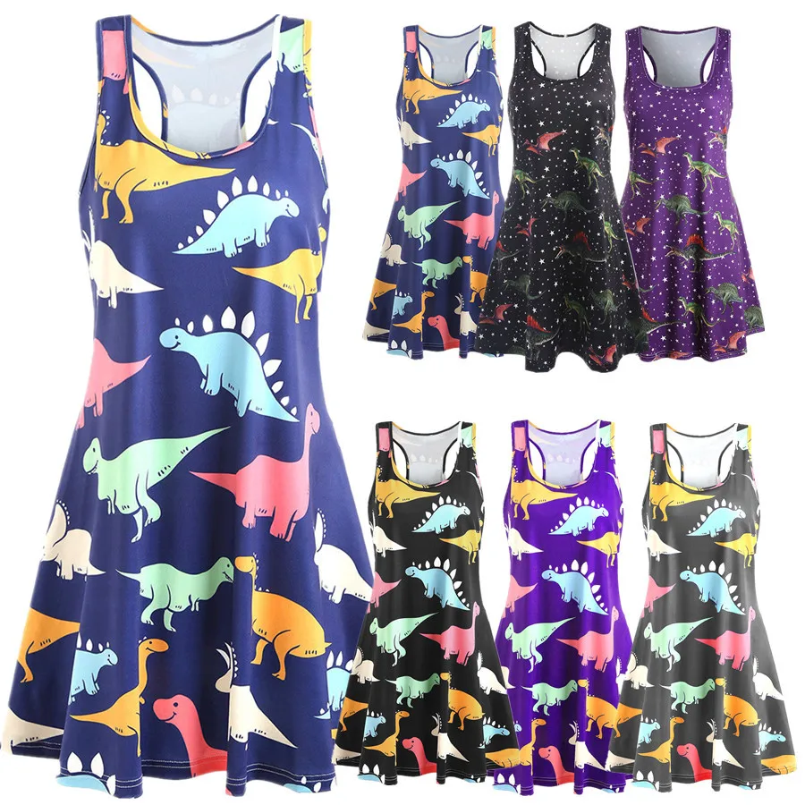 Dinosaur elegante 2020 sommer maxi kjoler for kvinders vintage print kjole kvinder mama tøj party udskrive uden ærmer 0